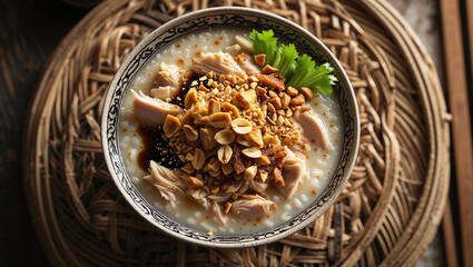 warm top view of bubur ayam in traditional bowl, with shredded chicken, cakwe, peanuts, soy sauce, and celery garnish, Indonesian breakfast food, cozy soft lighting 