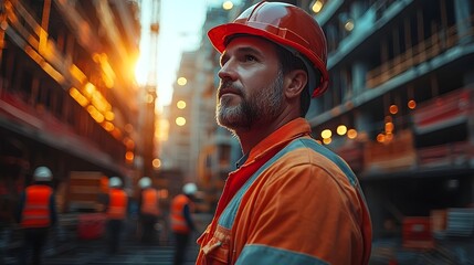 Construction worker overseeing infrastructure project in urban setting
