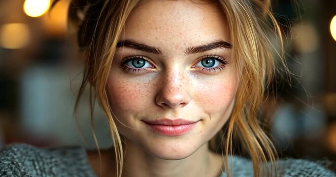 Young woman with bright eyes smiling in cozy caf?