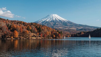 Obraz premium Vibrant fall leaves surrounding a tranquil lakeside beneath a majestic mountain