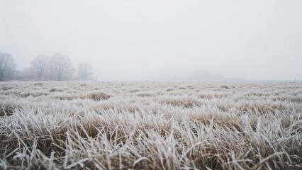 Grass coated with ice amidst a foggy scene