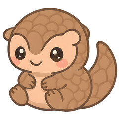 Adorable kawaii-style pangolin illustration with big eyes and scales, sitting calmly with a sweet smile. Perfect for kids or nature themes.
