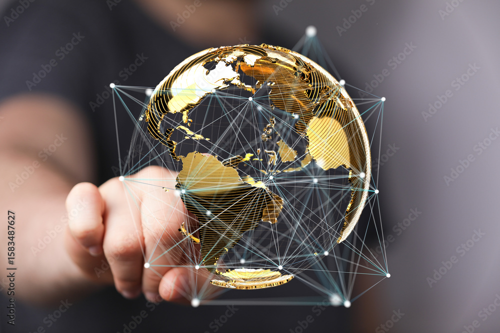 Aufkleber hand interacting with a digital globe, symbolizing global connectivity and networking.