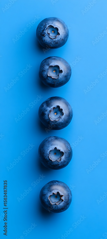 Poster a vertical line of blueberries resting on a blue background. the vibrant colors make for an appealin