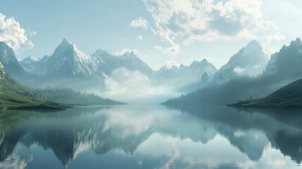 Fototapeta premium Calm lake surrounded by mountain peaks