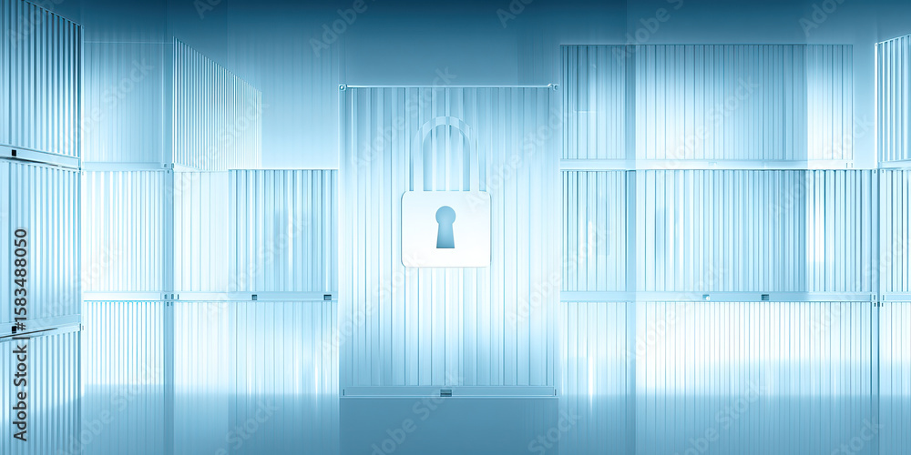 Poster locked supply container with digital overlay of security padlock symbolizing secure logistics and pr