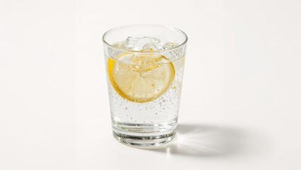 Glass of lemon water with fresh slices, set on a plain white surface. A refreshing and hydrating beverage.