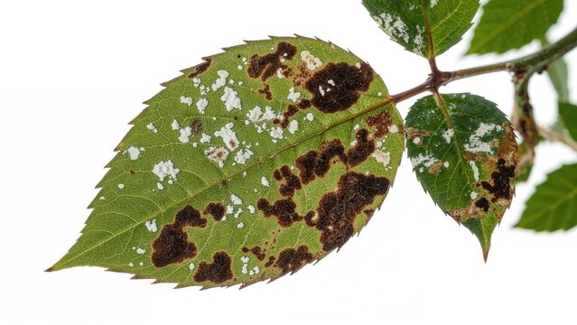 Isolated green rose leaf with fungal disease on plain white surface - Powered by Adobe
