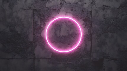 Neon pink circle on dark stone wall