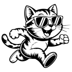Cute Cartoon Black Cat runing with Funny Expression Illustration black and white