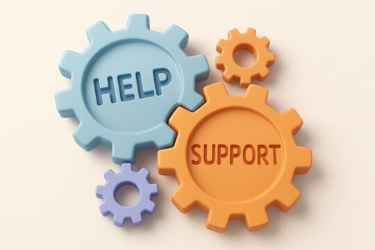 A 3D Illustration of Interlocking Gears Representing Help and Support
