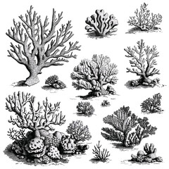 Antique coral reef texture, hand-drawn marine sketch, vintage sea detail, retro etching effect, trendy underwater texture, vector illustration, ocean floor elements, coral reef pattern, png.