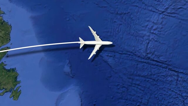 Flight Route Animation from New York to London &ndash; Airplane Travel Path over World Map with 3D Motion Graphics