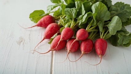 Crisp radishes displayed on a rustic white wooden surface, evoking themes of nature and health