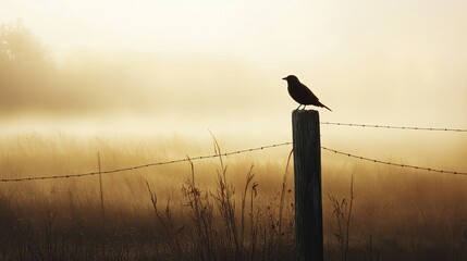 Bird Silhouette on Fence Post in Misty Sunrise Field

