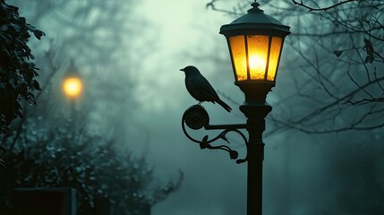 Bird Silhouette on Lit Streetlamp in Foggy Evening

