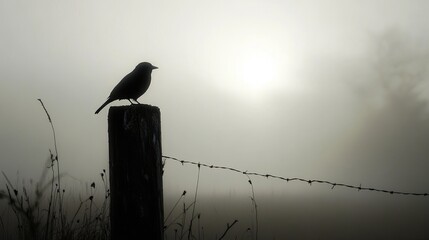 Bird Silhouette on Fence Post in Foggy Morning Light


