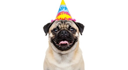 Happy Birthday Pug Dog with Party Hat on White Background