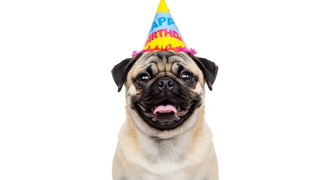 Happy Birthday Pug Dog with Party Hat on White Background - Powered by Adobe