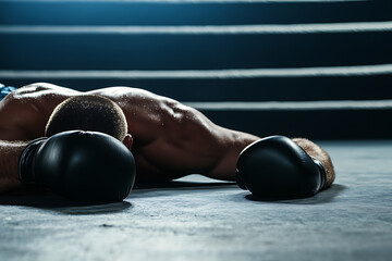 Boxer defeated: Lying on the floor after a tough fight. Gloves beside him. He is exhausted after giving all.