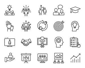 Workshop Vector Icon Set – Teamwork, Training, Coaching, Knowledge, Skill Building, Presentation, Collaboration, Learning, Goal Setting, Growth Icons