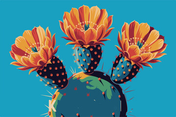 Whimsical desert cacti bloom under a vibrant sky, an artistic spring illustration of nature's colorful, floral beauty