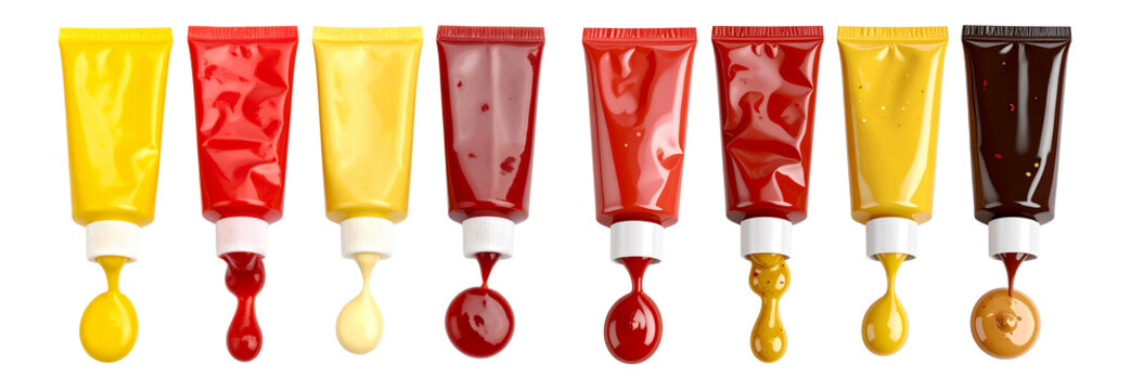 Collection set of Sauce sachet packets with condiments isolated on transparent or white background, png