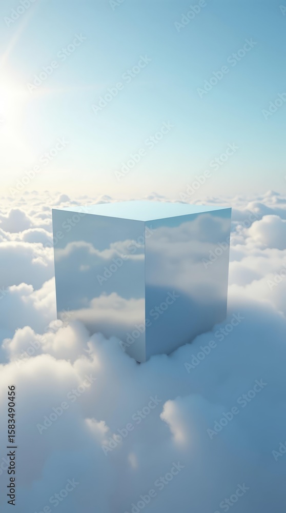 Poster minimal surreal scene of floating glass cube, symbol of digital presence and hidden platforms.