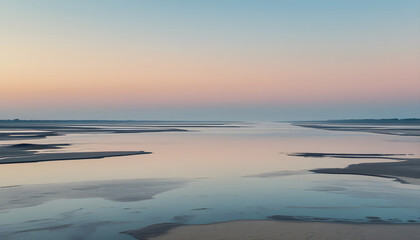 Fototapeta premium Landscape of serene river delta with soft sand dunes and pastel reflections in water under light blue-pink-orange gradient sky