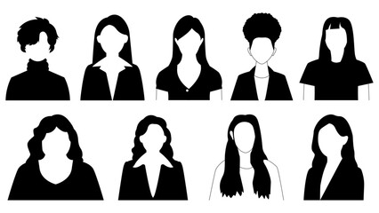 A vector set of businesswomen silhouettes. Monochrome avatar pictures of women. Females in black and white profile picture illustrations.