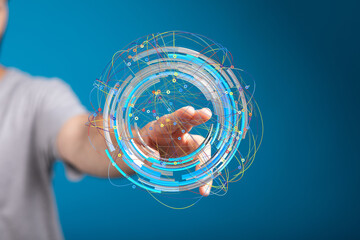 Abstract image of a hand interacting with a futuristic digital interface.  Perfect for technology,...