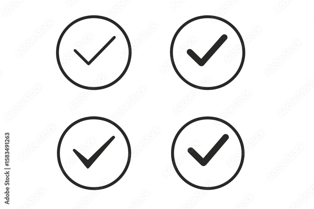 Aufkleber check marks in four circles on a simple white background representing completion and approval