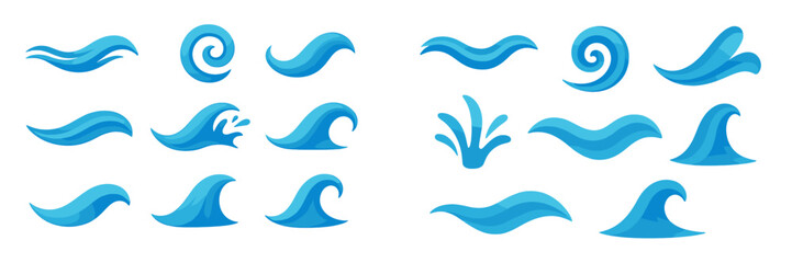 Various stylized wave designs in blue showcasing different shapes and movements for artistic use