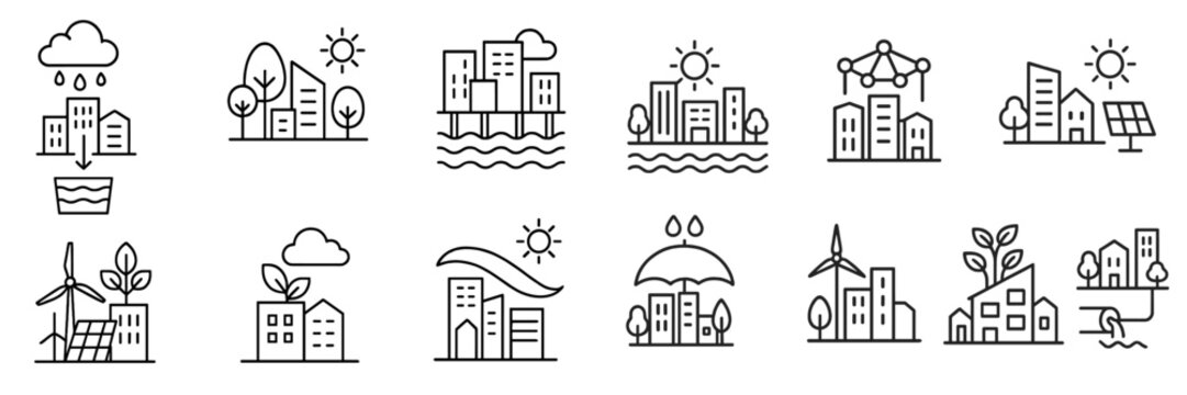 Urban sustainability concepts illustrated through icons showcasing eco-friendly practices and green technology in architecture - Powered by Adobe