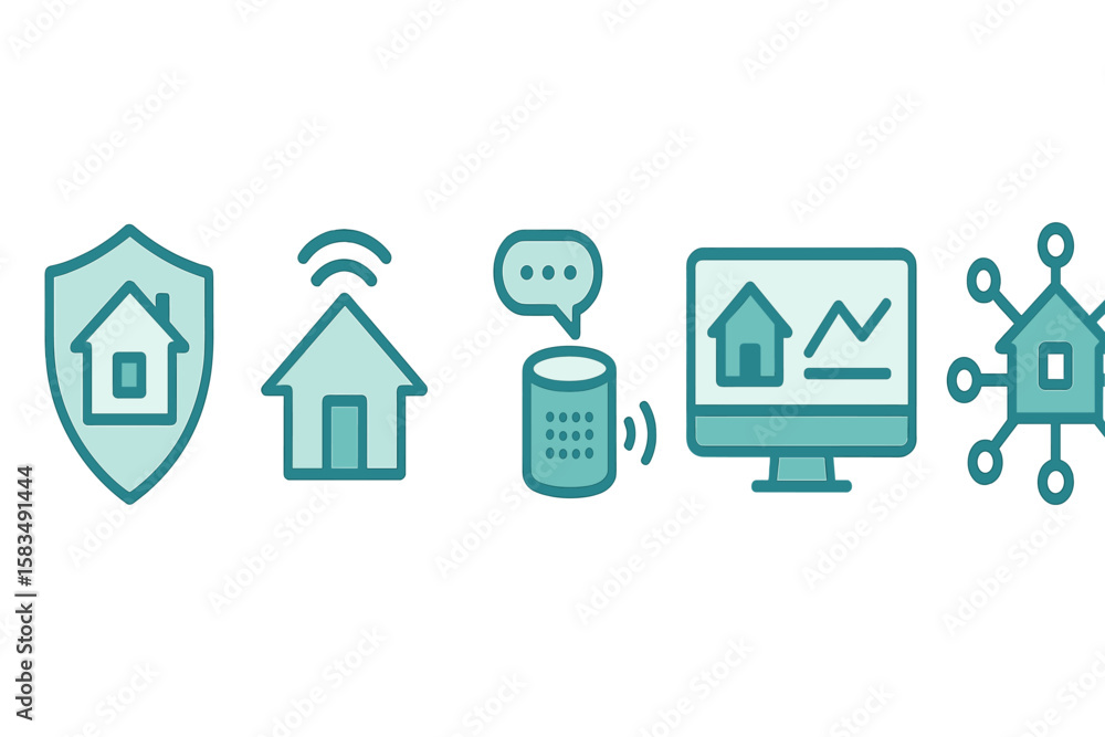 Poster home automation symbols representing smart technology integration for modern living and security sys