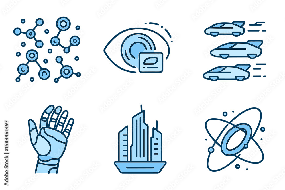 Poster modern technology concepts displaying artificial intelligence, robotics, transportation, and futuris