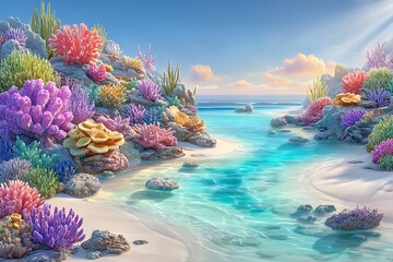 Vibrant Coral Reef Scene with Turquoise Waters and Sunlight Shining Through a Beautiful Beach Landscape