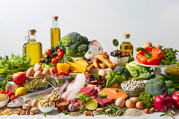 A variety of seafood ingredients on a white background	
