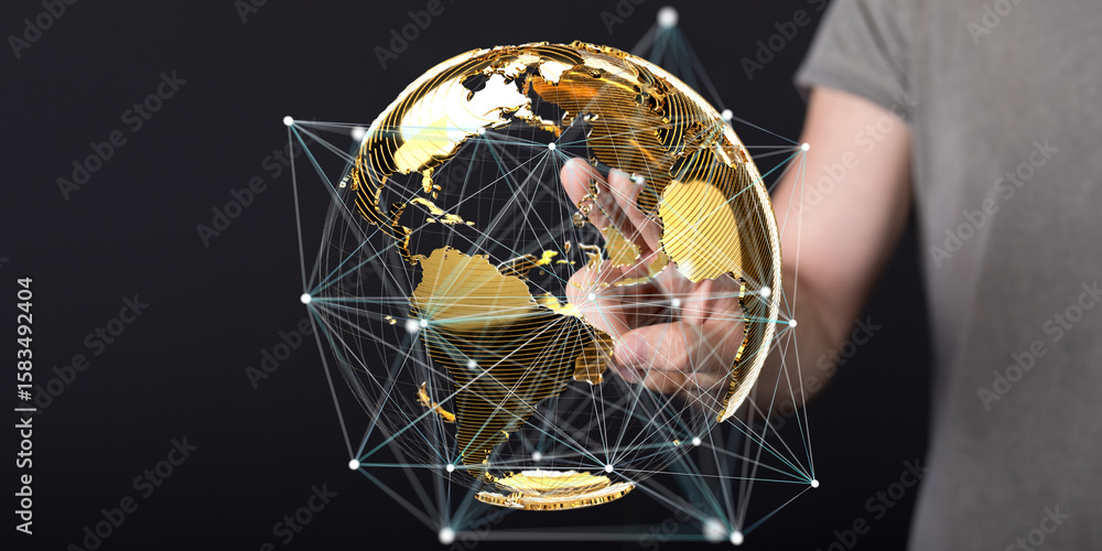 Poster hand interacting with a digital globe, representing global network and connectivity.