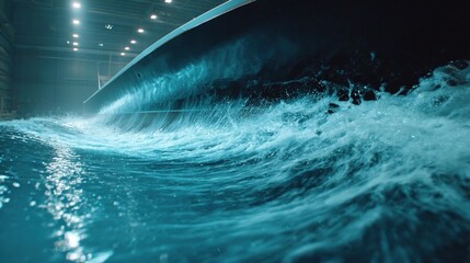 Highspeed underwater camera footage capturing flow patterns around a ship model illustrating the complex interactions between the hull and water during resistance testing in the flume.