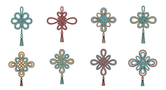 Intricate chinese knot ornaments featuring decorative tassels in various colors and designs