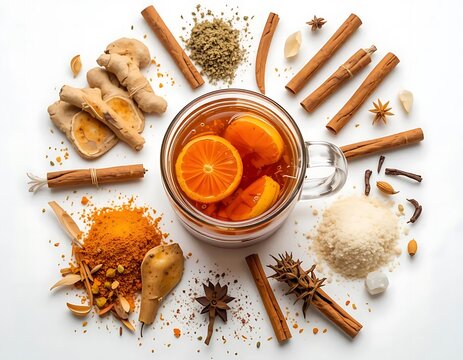 Overhead shot of a glass mug filled with spiced citrus drink surrounded by ingredients like cinnamon sticks, star anise, ginger, turmeric, cardamom, and sugar on a white surface.
