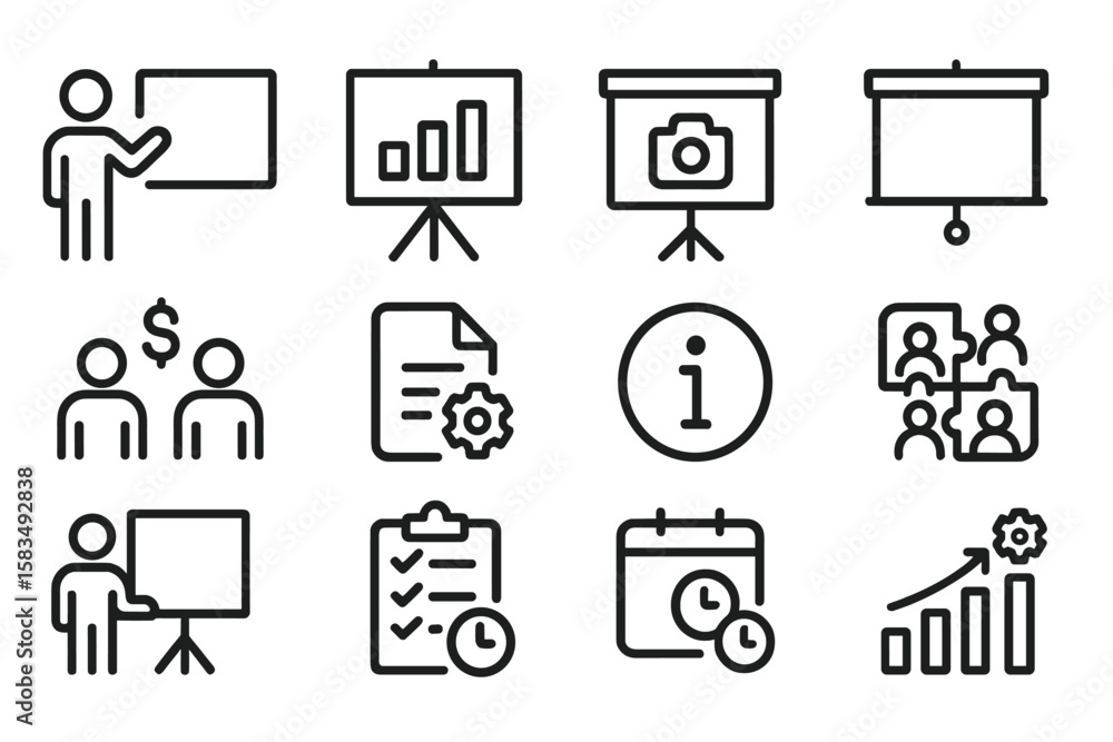Poster business icon set: presentation, management, data analysis in linear style on dark background