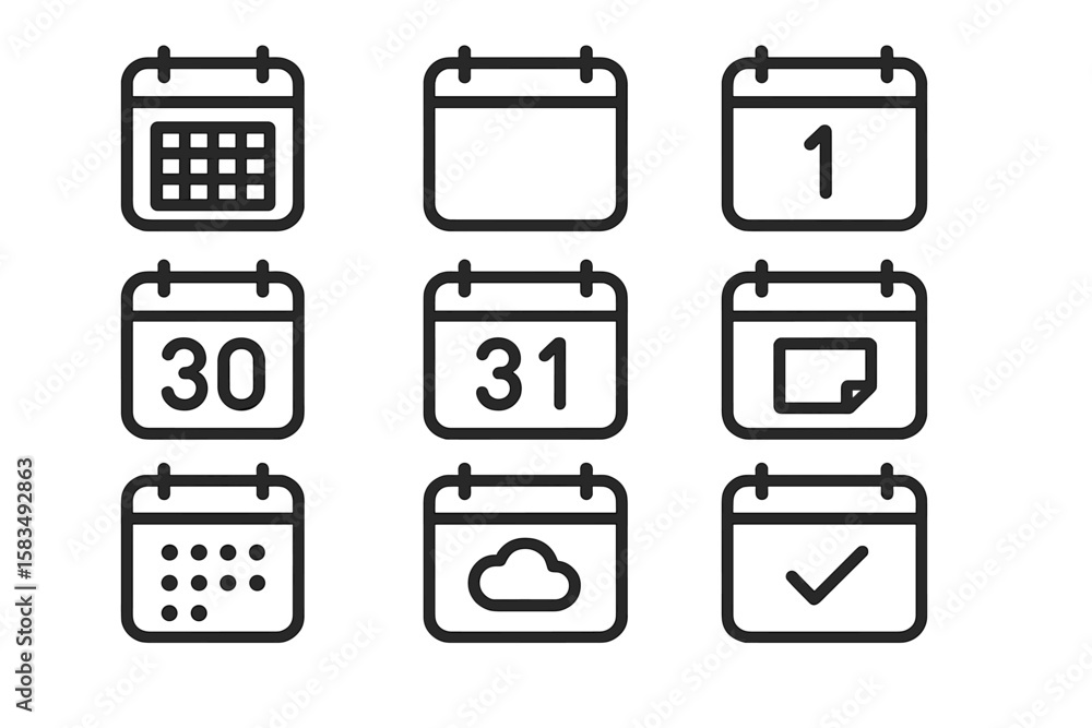 Poster minimalist calendar icons set with various date and event symbols