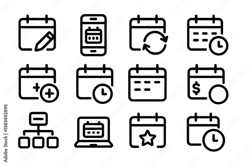 Poster simple linear calendar icons set for digital scheduling and planning