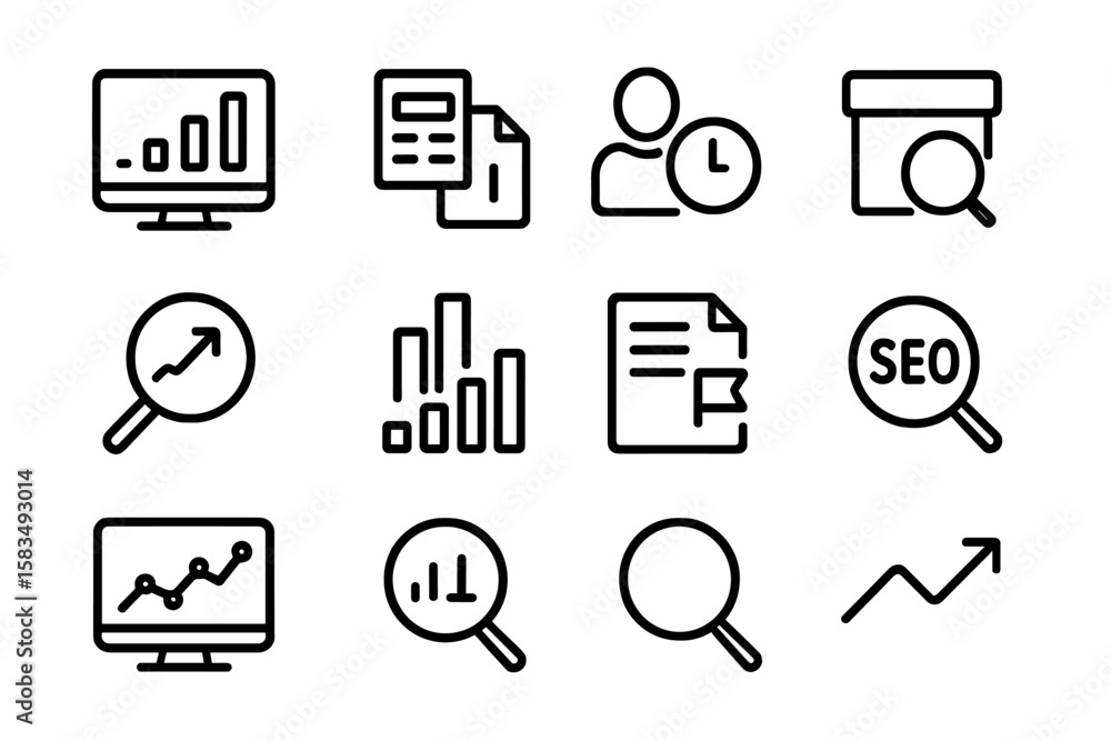 Poster business and data analytics icons in minimalistic linear style