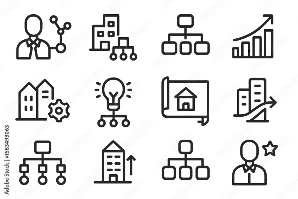 Poster business and technology icons collection in linear design style