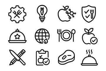 Fototapeta premium Set of linear food and health icons with gear, apple, and light bulb elements