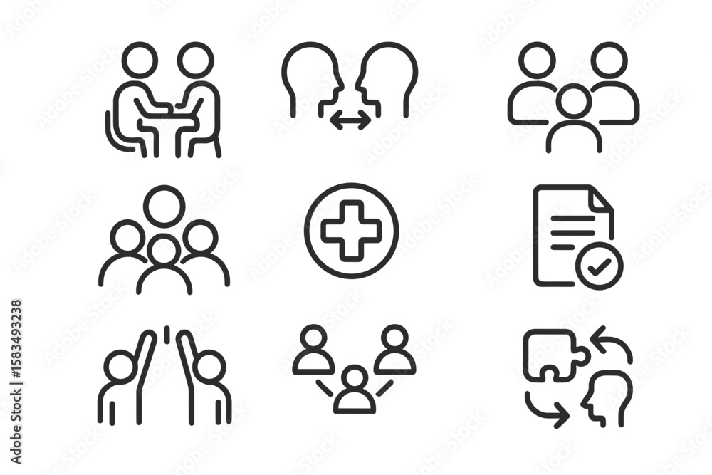 Aufkleber minimalistic black line icons on grey background for teamwork and communication concepts