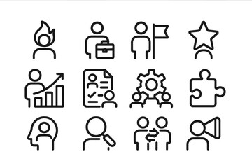 Minimalist business icons set: strategy, teamwork, success, and communication